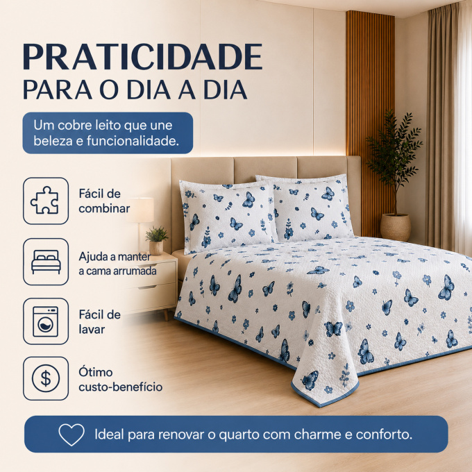 Cobre-Leito Piquet 70% Algodão com Porta-Travesseiro Casal Borboleta