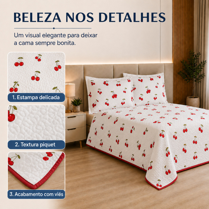 Cobre-Leito Piquet 70% Algodão com Porta-Travesseiro Casal Cereja