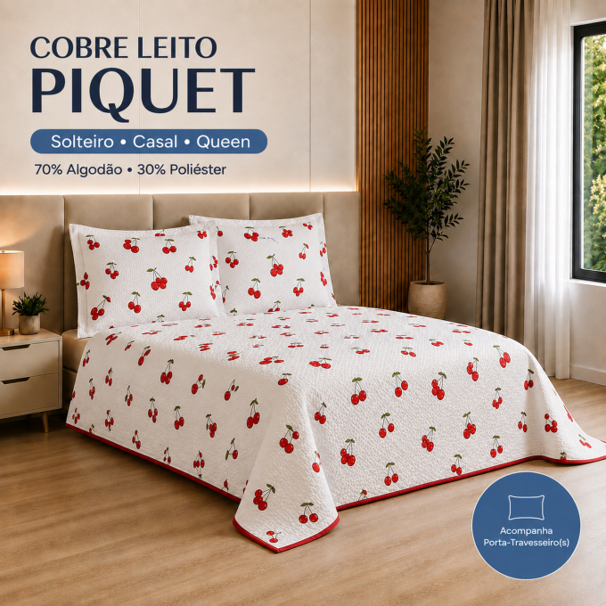 Cobre-Leito Piquet 70% Algodão com Porta-Travesseiro Casal Cereja