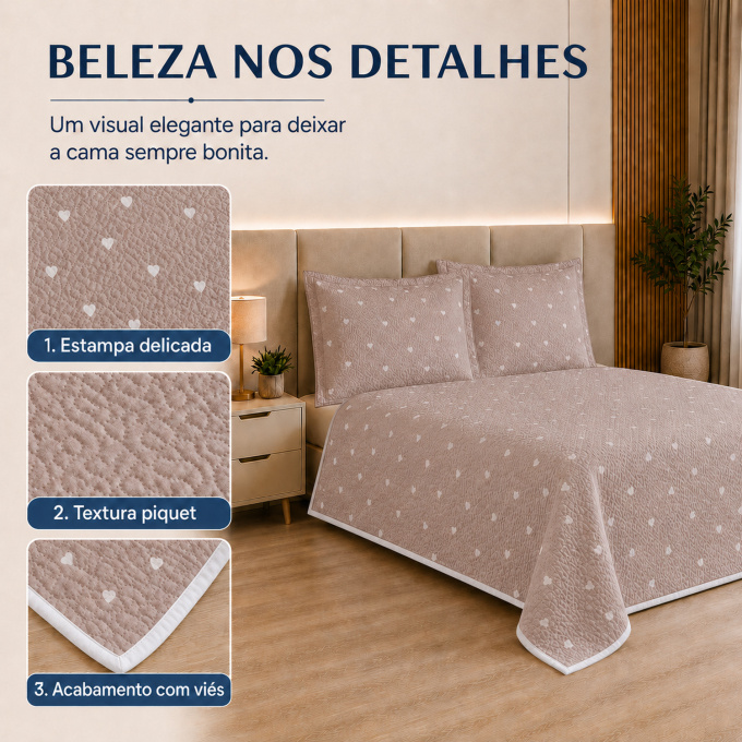 Cobre-Leito Piquet 70% Algodão com Porta-Travesseiro Casal Corações