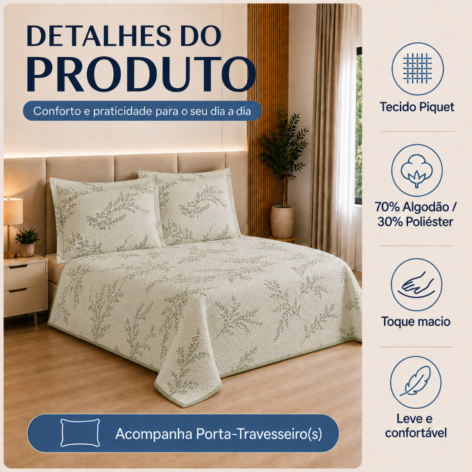 Cobre-Leito Piquet 70% Algodão com Porta-Travesseiro Casal Erva Doce