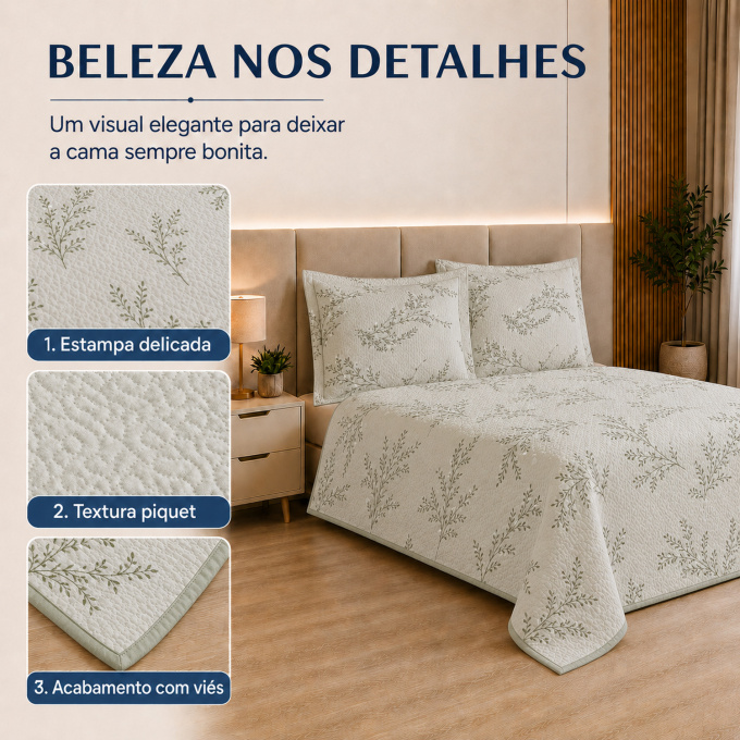 Cobre-Leito Piquet 70% Algodão com Porta-Travesseiro Casal Erva Doce