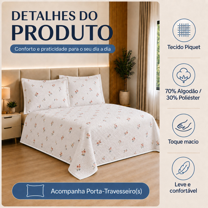Cobre-Leito Piquet 70% Algodão com Porta-Travesseiro Casal Flor Azul