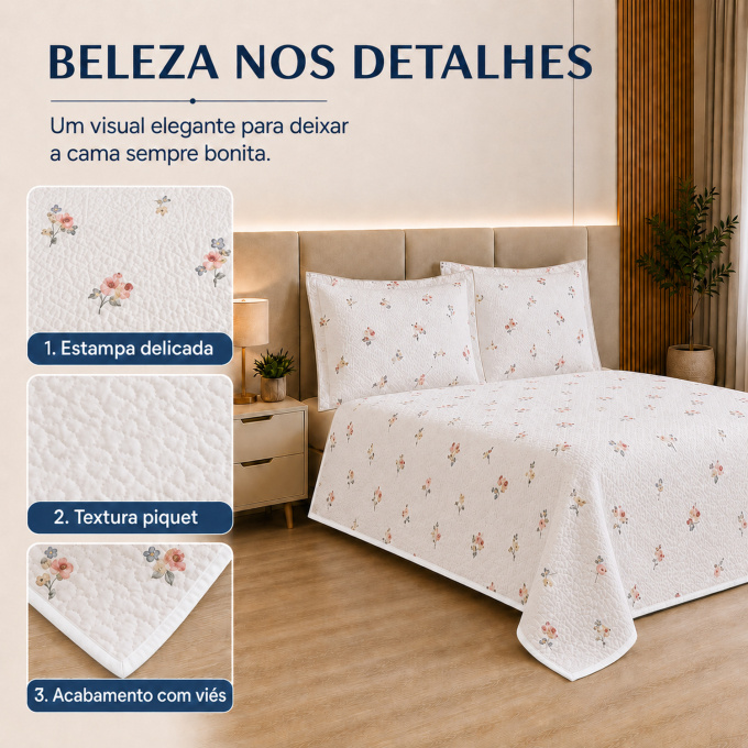Cobre-Leito Piquet 70% Algodão com Porta-Travesseiro Casal Flor Azul