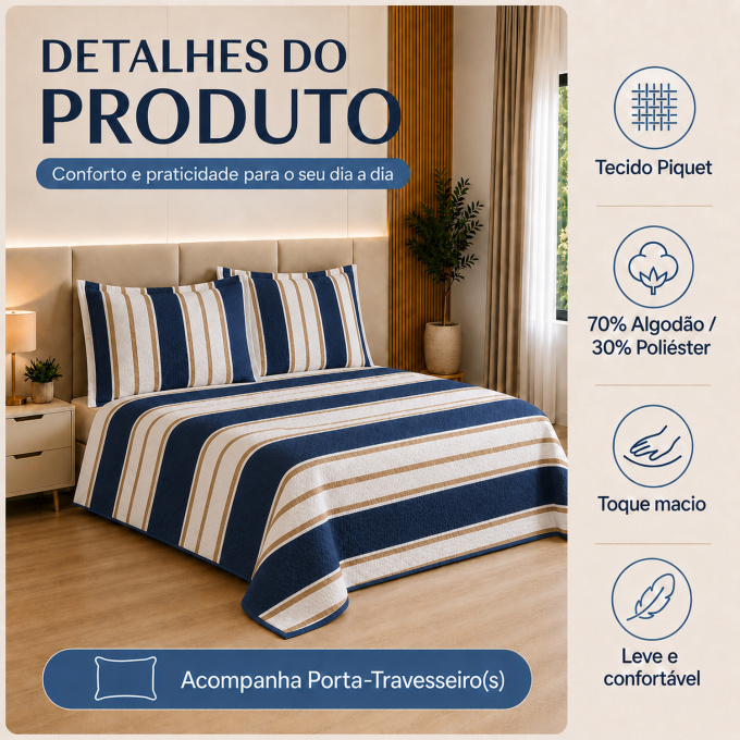 Cobre-Leito Piquet 70% Algodão com Porta-Travesseiro Casal Listrado Marinho
