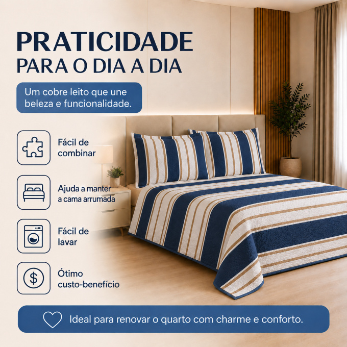 Cobre-Leito Piquet 70% Algodão com Porta-Travesseiro Casal Listrado Marinho