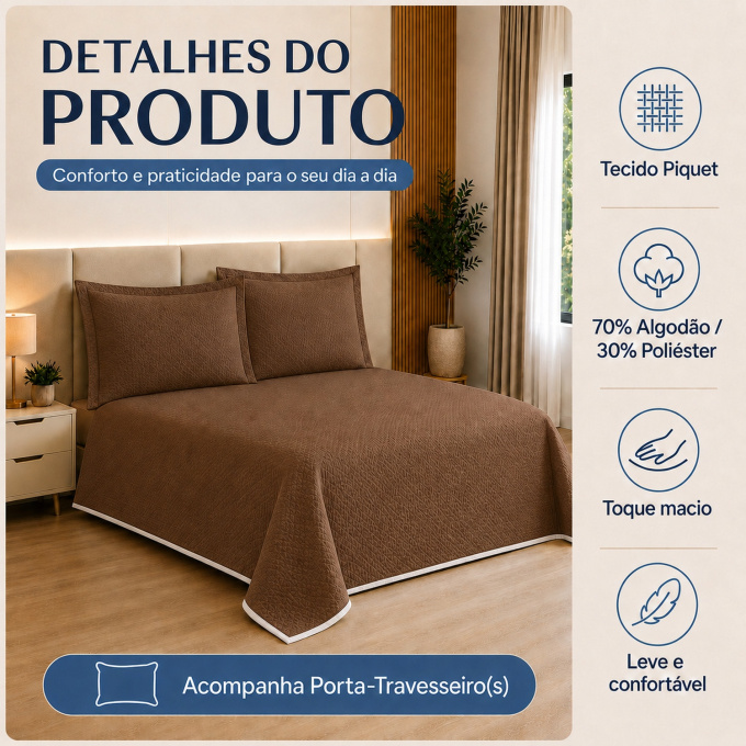 Cobre-Leito Piquet 70% Algodão com Porta-Travesseiro Casal Marrom