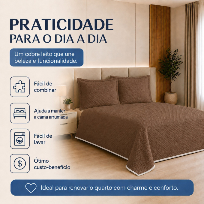 Cobre-Leito Piquet 70% Algodão com Porta-Travesseiro Casal Marrom
