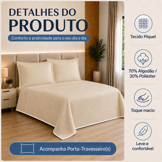 Cobre-Leito Piquet 70% Algodão com Porta-Travesseiro Casal Palha