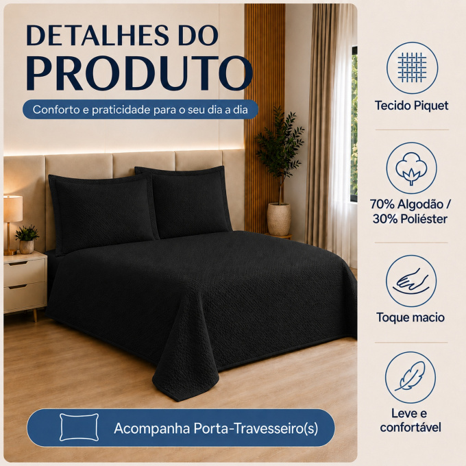 Cobre-Leito Piquet 70% Algodão com Porta-Travesseiro Casal Preto