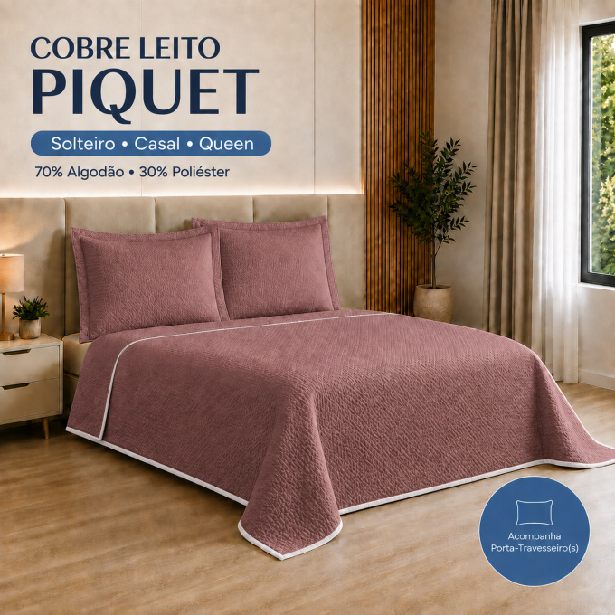 Cobre-Leito Piquet 70% Algodão com Porta-Travesseiro Casal Rosê