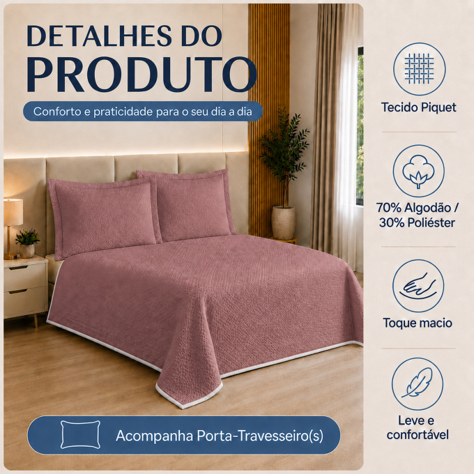 Cobre-Leito Piquet 70% Algodão com Porta-Travesseiro Casal Rosê