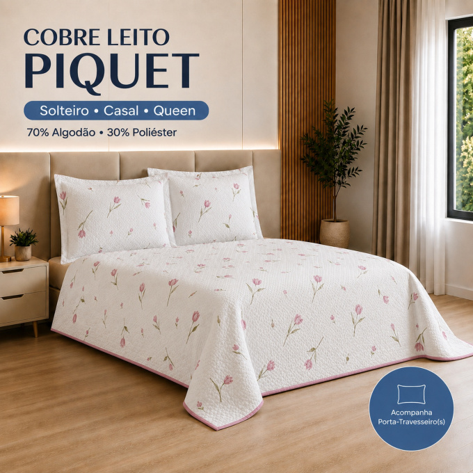Cobre-Leito Piquet 70% Algodão com Porta-Travesseiro Casal Tulipa