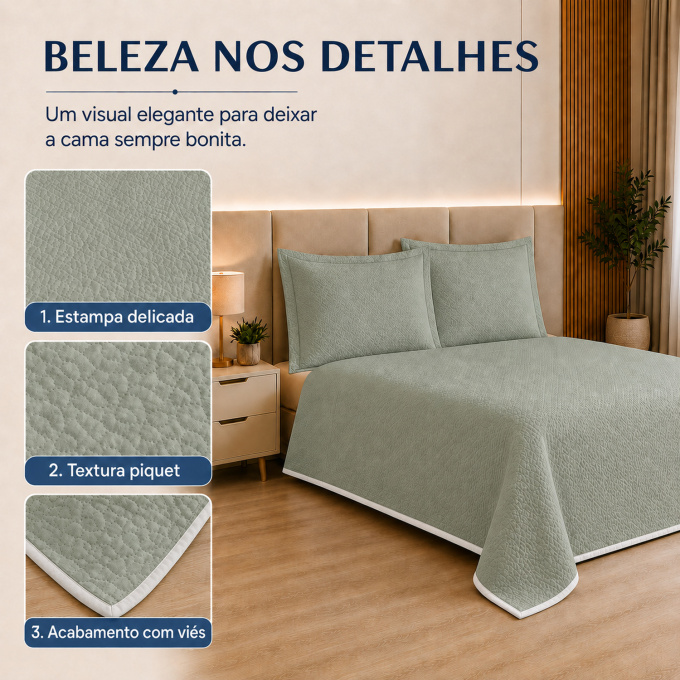 Cobre-Leito Piquet 70% Algodão com Porta-Travesseiro Casal Verde