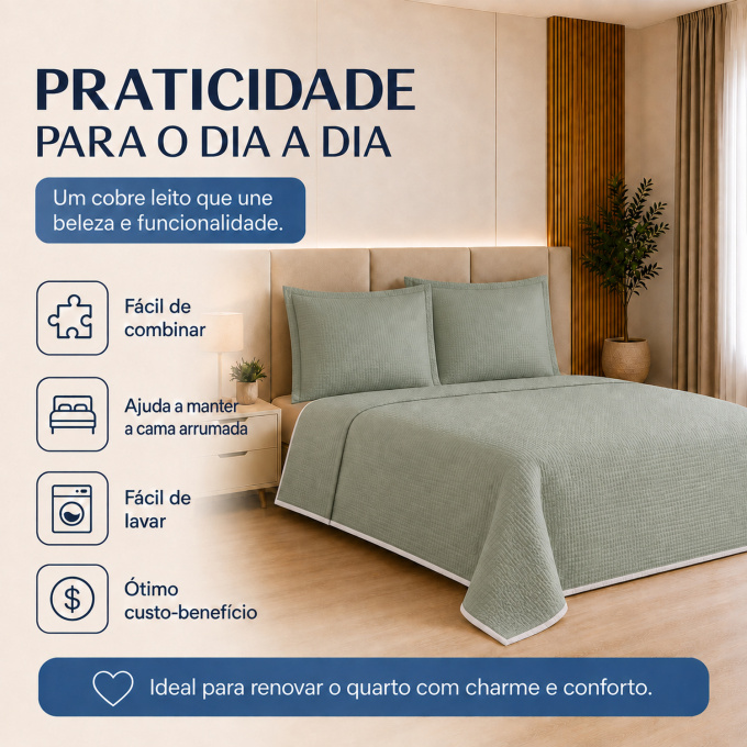 Cobre-Leito Piquet 70% Algodão com Porta-Travesseiro Casal Verde
