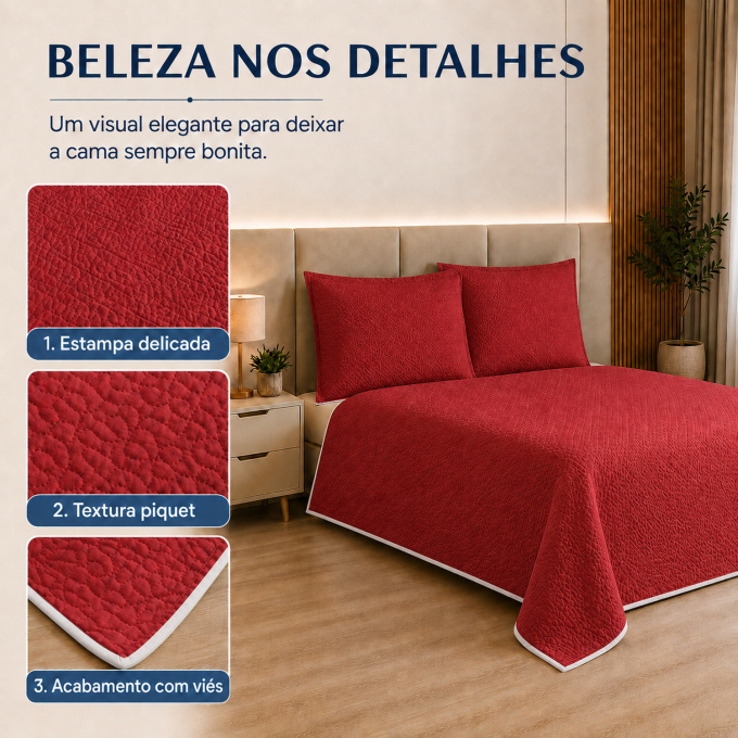 Cobre-Leito Piquet 70% Algodão com Porta-Travesseiro Casal Vermelho