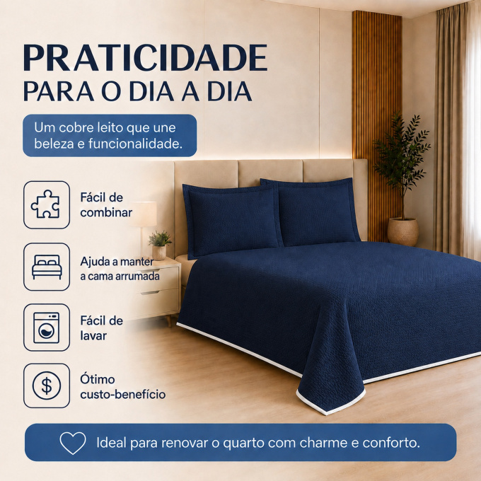 Cobre-Leito Piquet 70% Algodão com Porta-Travesseiro Queen Azul Marinho
