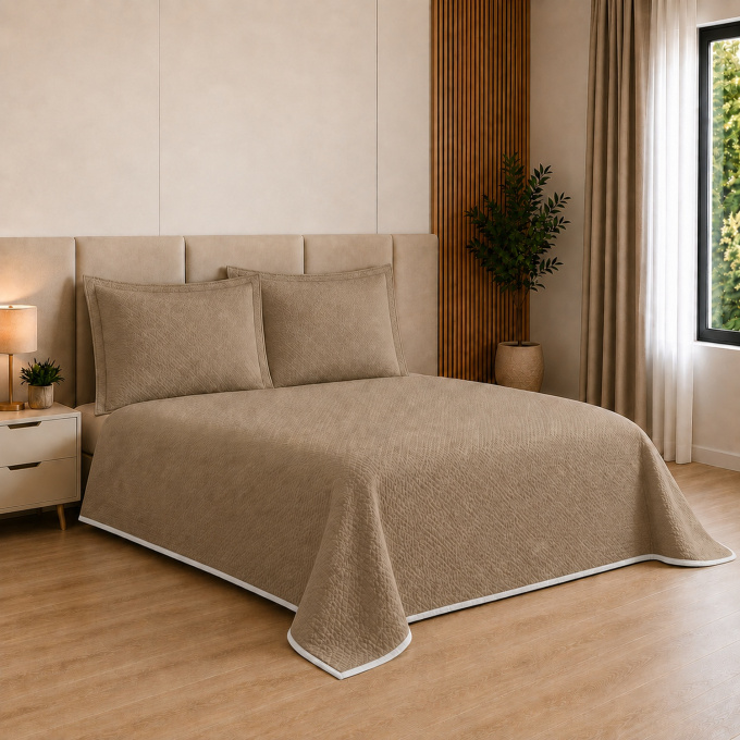 Cobre-Leito Piquet 70% Algodão com Porta-Travesseiro Queen Bege