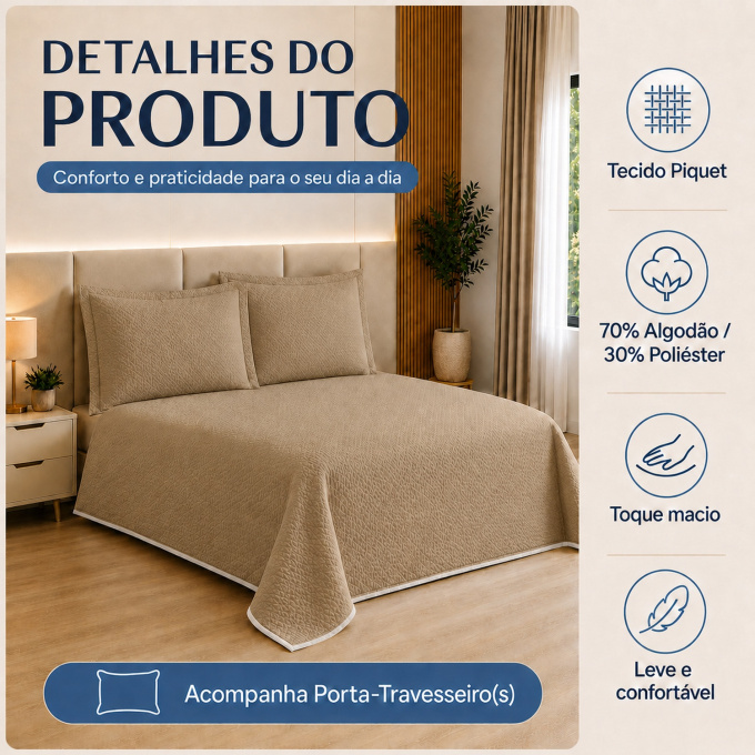 Cobre-Leito Piquet 70% Algodão com Porta-Travesseiro Queen Bege