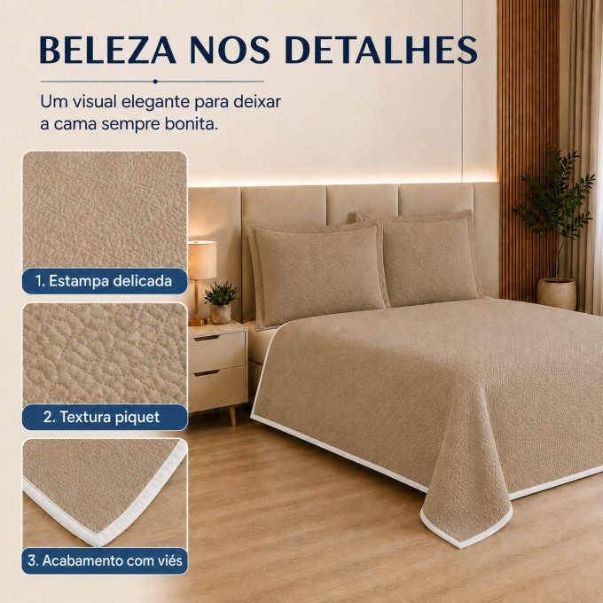 Cobre-Leito Piquet 70% Algodão com Porta-Travesseiro Queen Bege