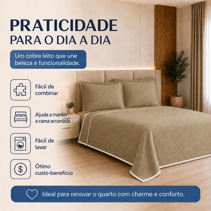 Cobre-Leito Piquet 70% Algodão com Porta-Travesseiro Queen Bege