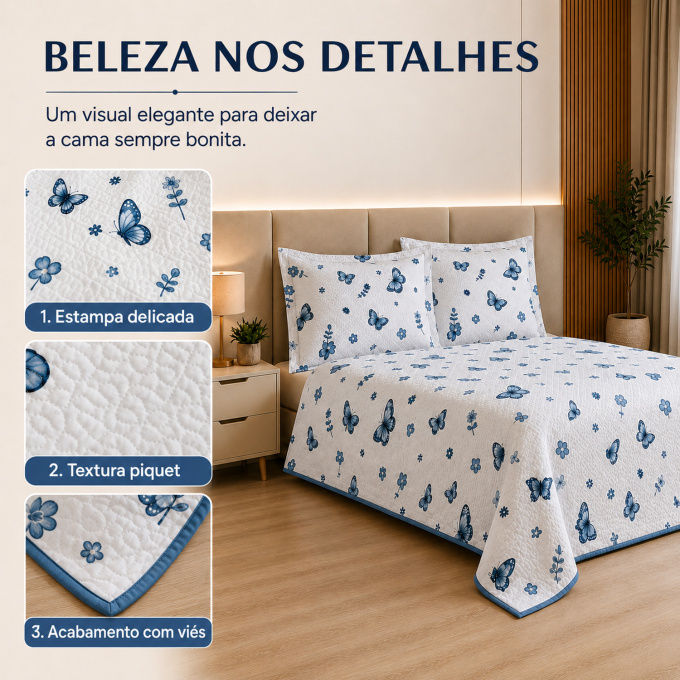Cobre-Leito Piquet 70% Algodão com Porta-Travesseiro Queen Borboleta