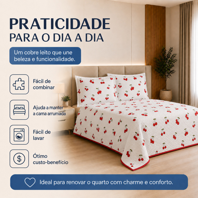 Cobre-Leito Piquet 70% Algodão com Porta-Travesseiro Queen Cereja