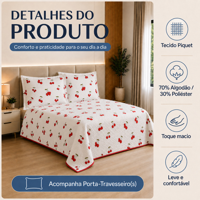 Cobre-Leito Piquet 70% Algodão com Porta-Travesseiro Queen Cereja