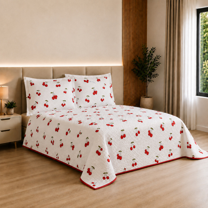 Cobre-Leito Piquet 70% Algodão com Porta-Travesseiro Queen Cereja