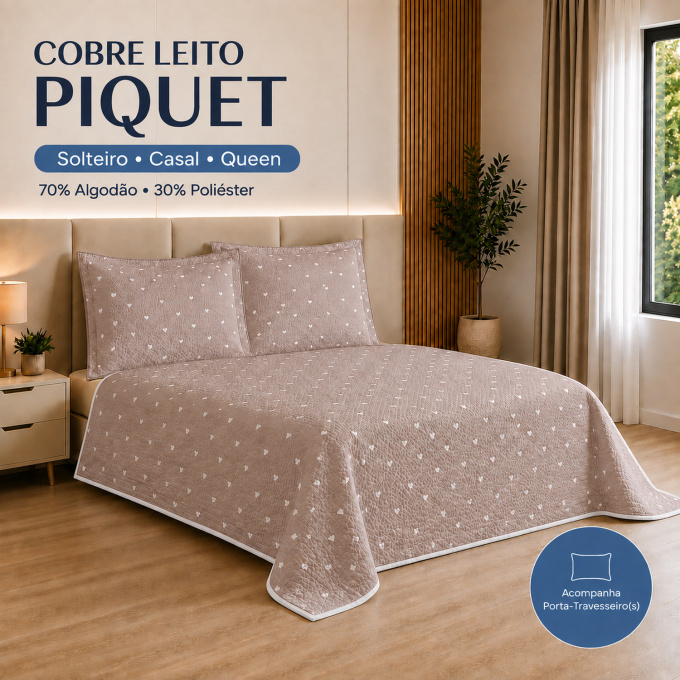 Cobre-Leito Piquet 70% Algodão com Porta-Travesseiro Queen Corações