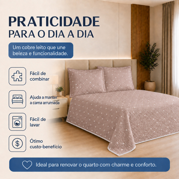 Cobre-Leito Piquet 70% Algodão com Porta-Travesseiro Queen Corações