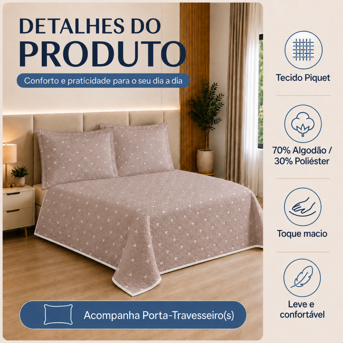 Cobre-Leito Piquet 70% Algodão com Porta-Travesseiro Queen Corações