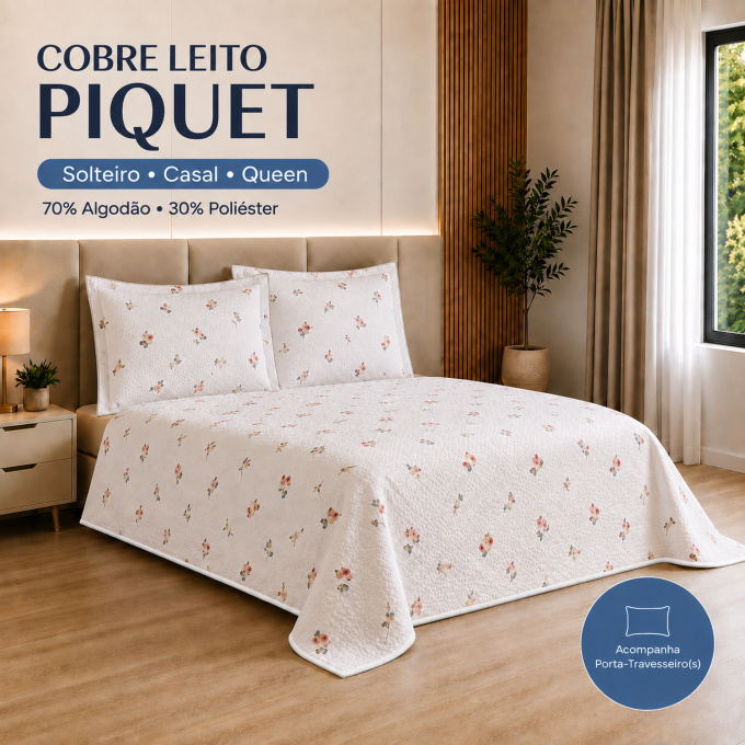 Cobre-Leito Piquet 70% Algodão com Porta-Travesseiro Queen Flor Azul