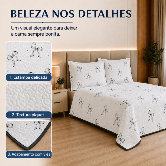 Cobre-Leito Piquet 70% Algodão com Porta-Travesseiro Queen Lacinhos Preto
