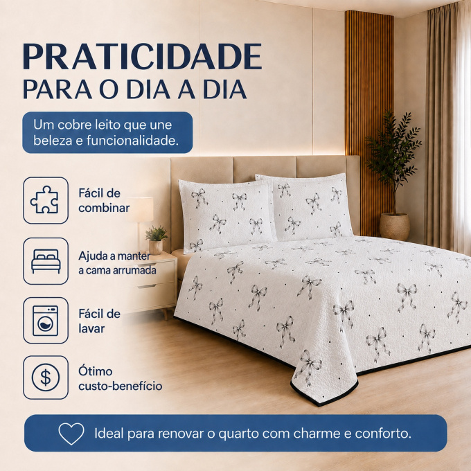 Cobre-Leito Piquet 70% Algodão com Porta-Travesseiro Queen Lacinhos Preto