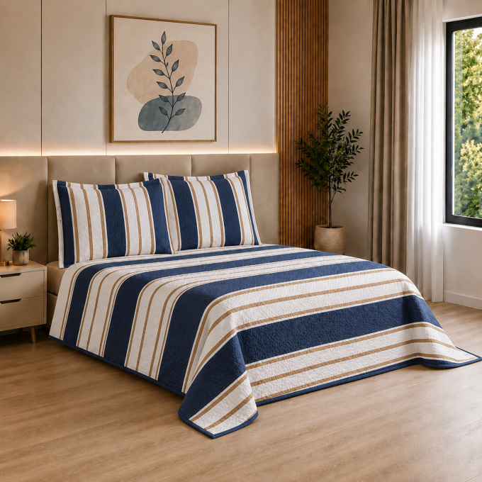 Cobre-Leito Piquet 70% Algodão com Porta-Travesseiro Queen Listrado Marinho