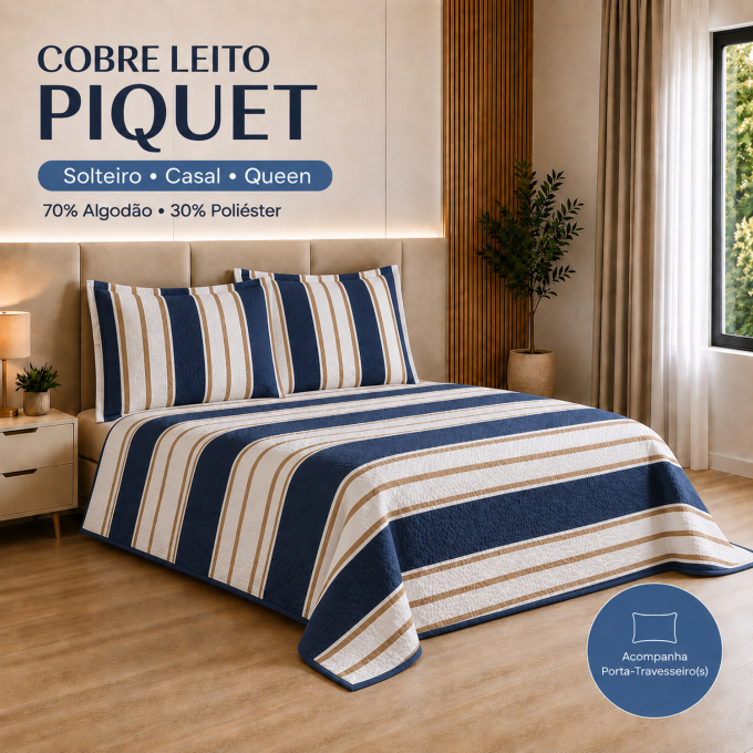 Cobre-Leito Piquet 70% Algodão com Porta-Travesseiro Queen Listrado Marinho