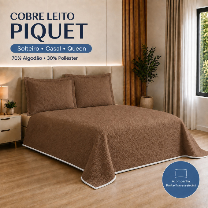 Cobre-Leito Piquet 70% Algodão com Porta-Travesseiro Queen Marrom
