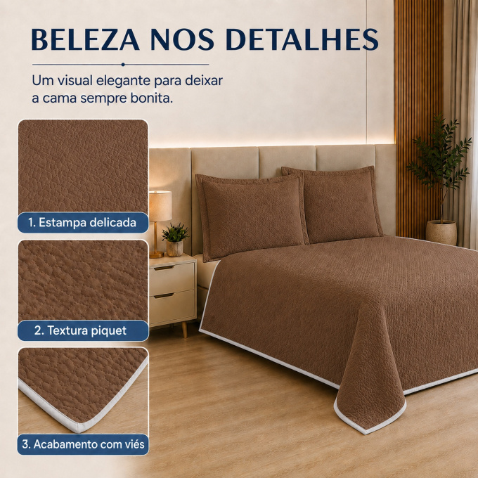 Cobre-Leito Piquet 70% Algodão com Porta-Travesseiro Queen Marrom