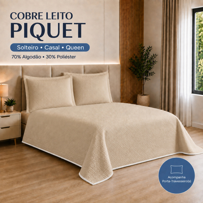 Cobre-Leito Piquet 70% Algodão com Porta-Travesseiro Queen Palha
