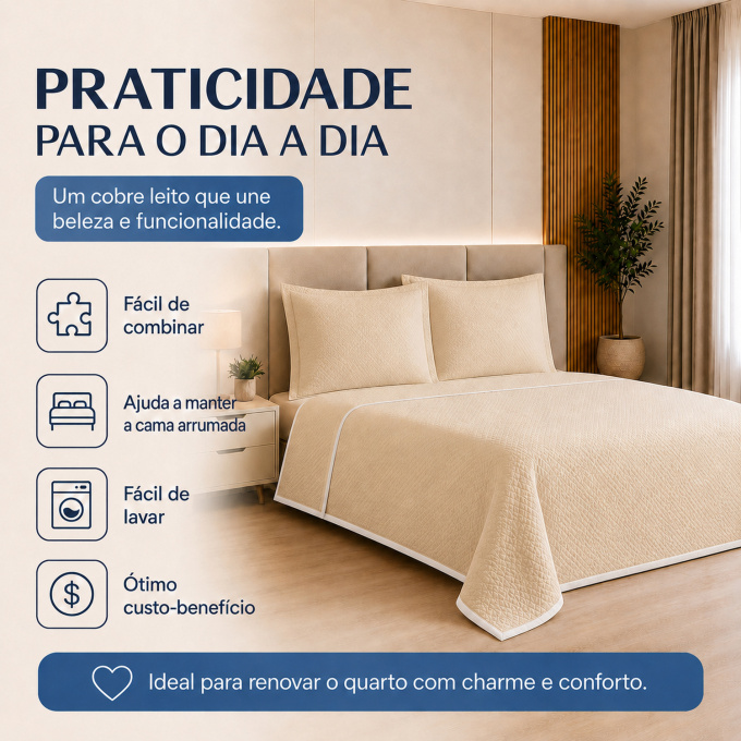 Cobre-Leito Piquet 70% Algodão com Porta-Travesseiro Queen Palha