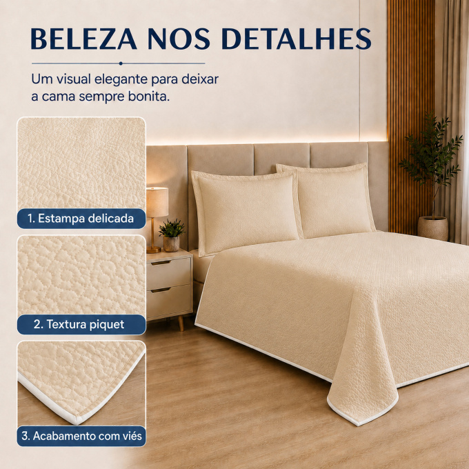 Cobre-Leito Piquet 70% Algodão com Porta-Travesseiro Queen Palha