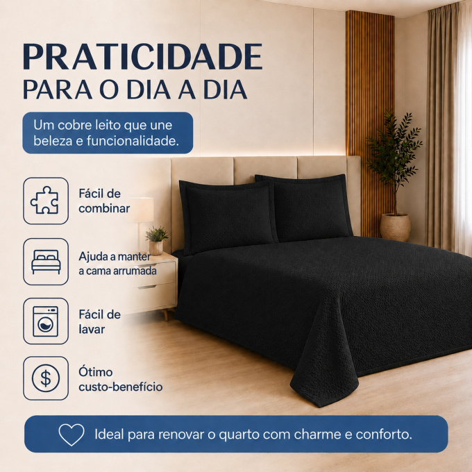 Cobre-Leito Piquet 70% Algodão com Porta-Travesseiro Queen Preto