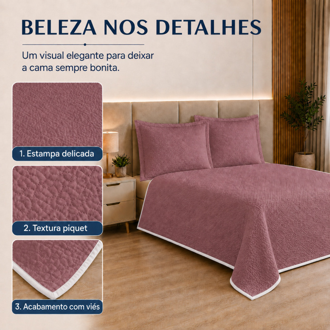 Cobre-Leito Piquet 70% Algodão com Porta-Travesseiro Queen Rosê
