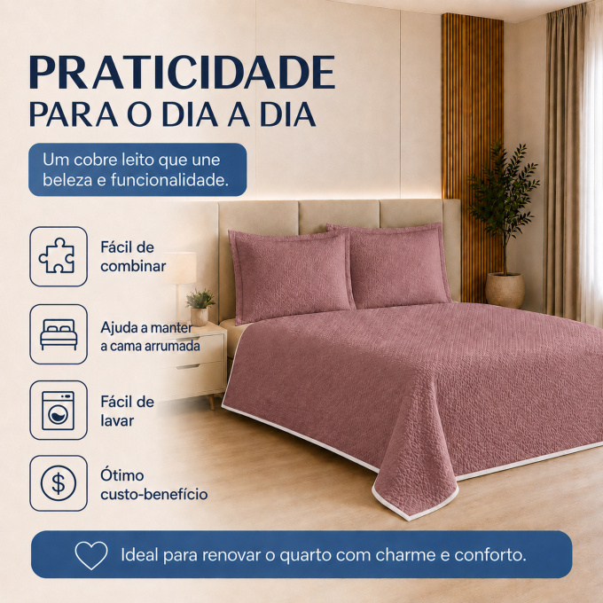 Cobre-Leito Piquet 70% Algodão com Porta-Travesseiro Queen Rosê