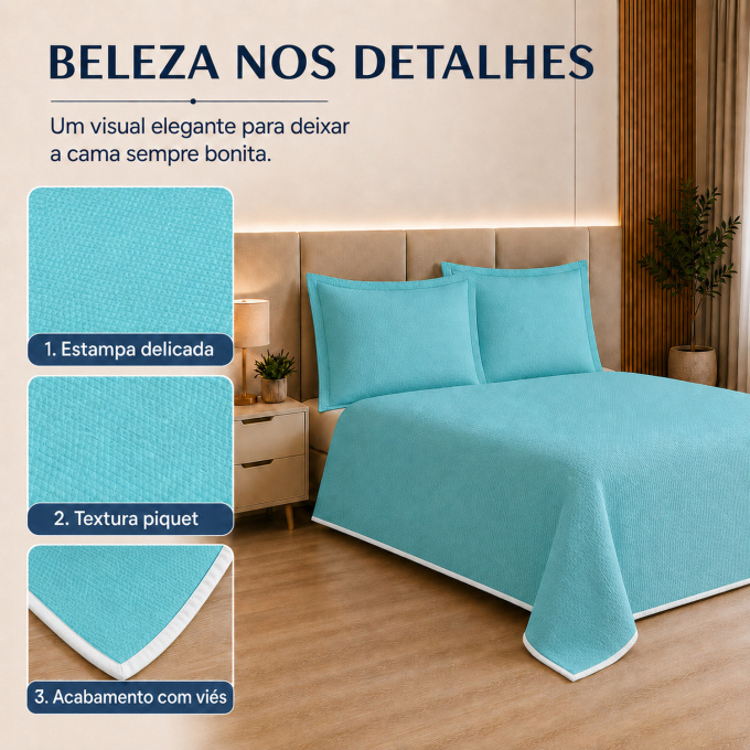 Cobre-Leito Piquet 70% Algodão com Porta-Travesseiro Queen Tifanny