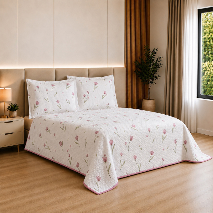 Cobre-Leito Piquet 70% Algodão com Porta-Travesseiro Queen Tulipa