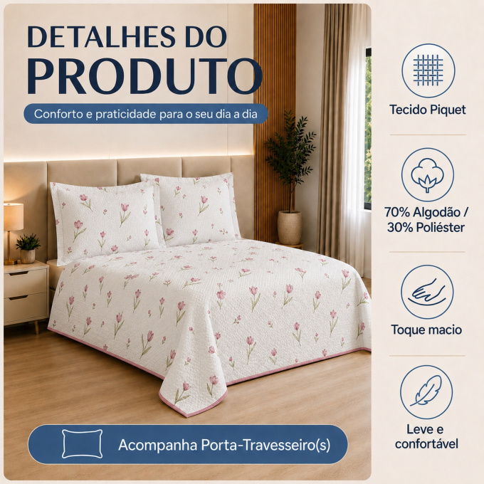 Cobre-Leito Piquet 70% Algodão com Porta-Travesseiro Queen Tulipa