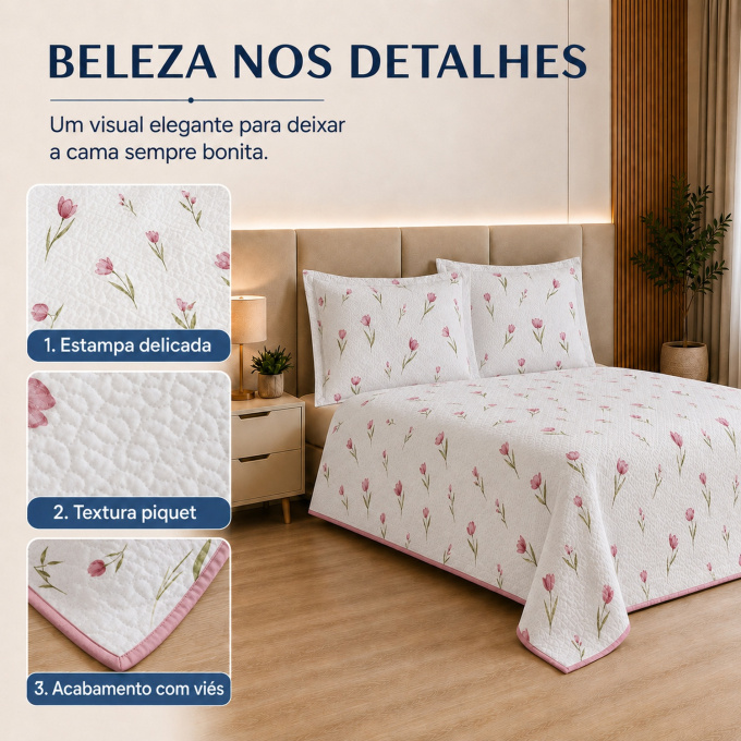 Cobre-Leito Piquet 70% Algodão com Porta-Travesseiro Queen Tulipa
