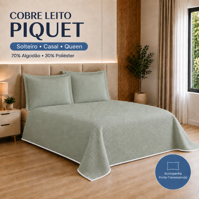 Cobre-Leito Piquet 70% Algodão com Porta-Travesseiro Queen Verde